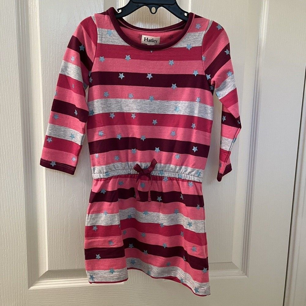 Hatley Superstar Bow Dress Pink Striped Glitter Star Print Girls Size 3 NWT